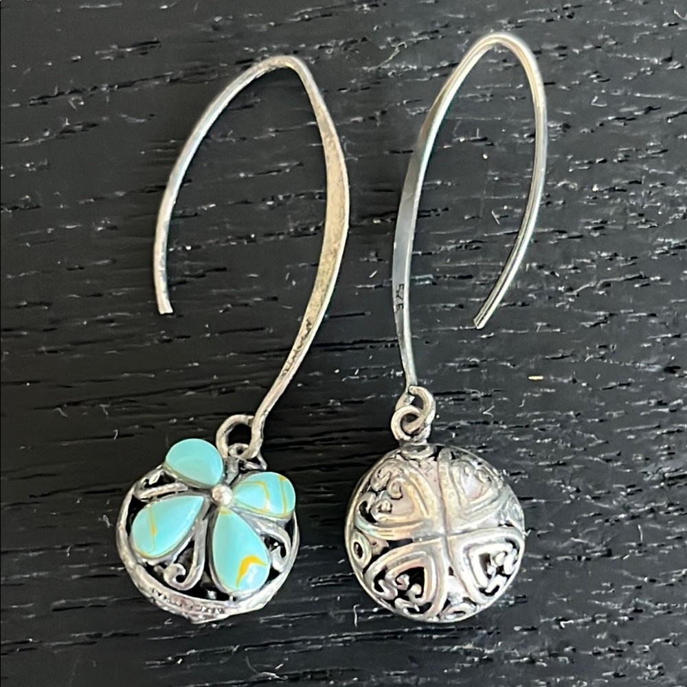 Turquoise Flowers Sterling Silver Filligre Drop Earrings